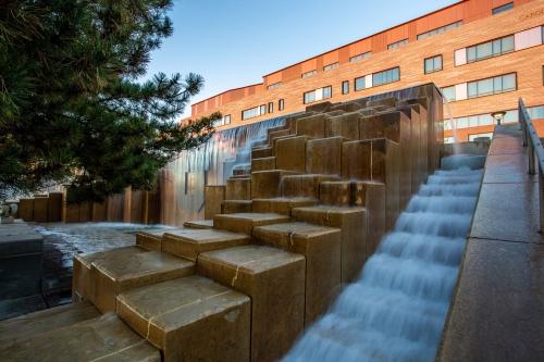 Water feature on the west side of the Carolyn and Kem Gardner Commons. 